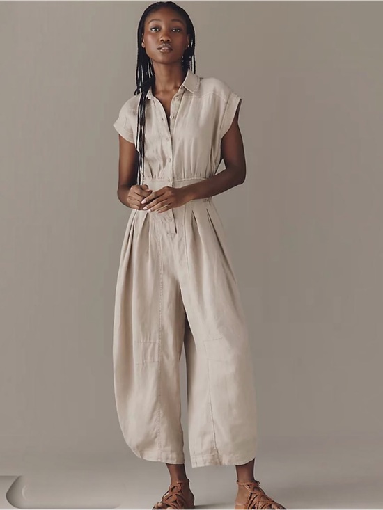 Anthropologie Pants - Anthropologie Linen Shirting Barrel Leg Cropped Putty Oatmeal Jumpsuit M